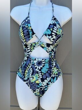 aerie Floral Cutout Halter One-Piece Swimsuit in Navy, Teal and Yellow
